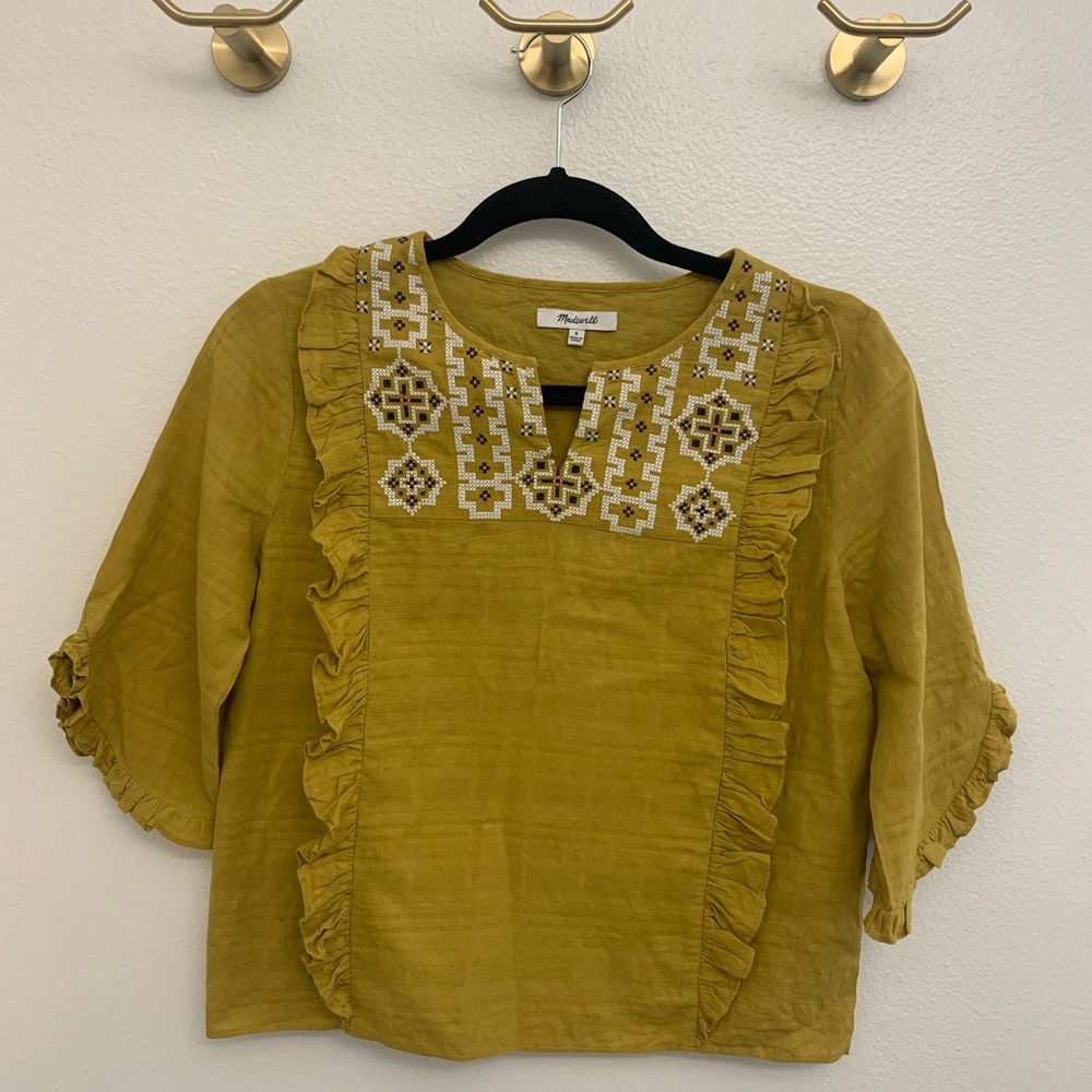 Madewell Aztec Embroidered Ruffle Top